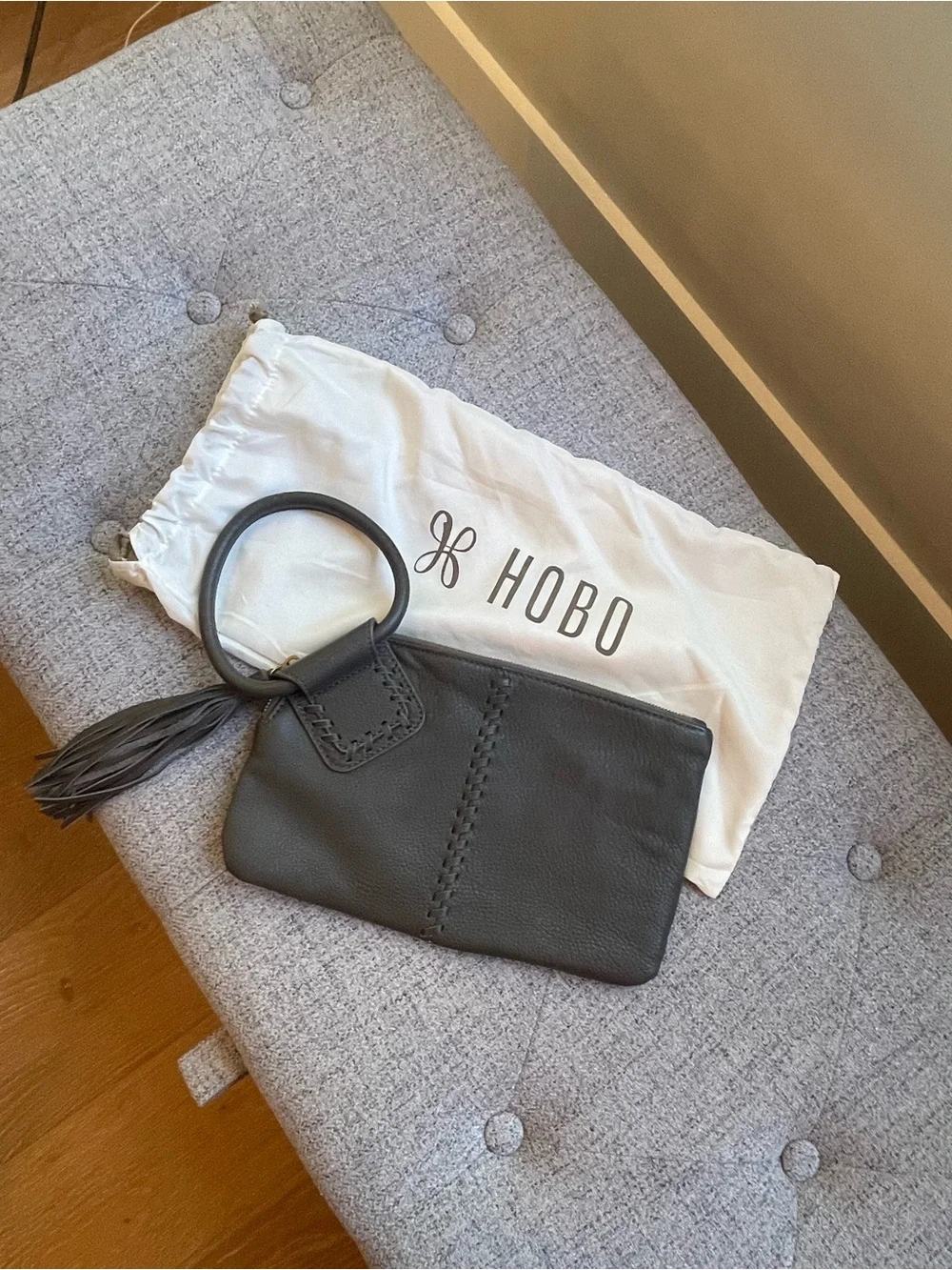 HOBO Gray Leather Wristlet with Tassel Ring